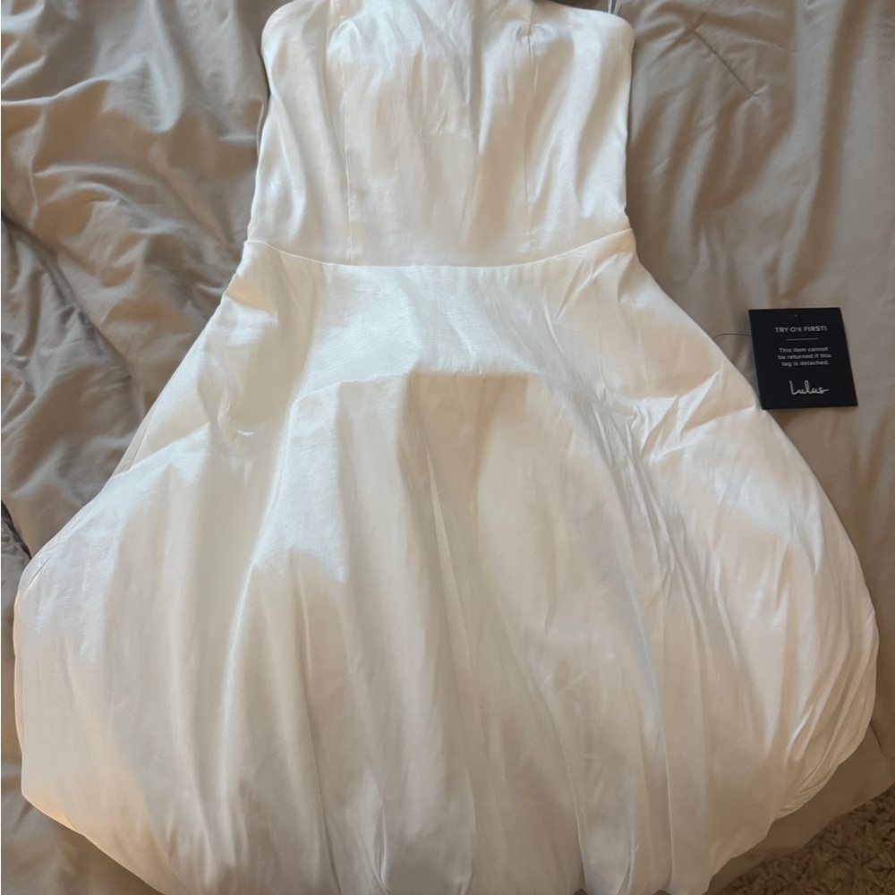 Lulu’s Own The Spotlight White Strapless Bubble Hem Dress